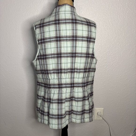 J Jill Blue Plaid Curved Hem Puffer Vest Size L Pockets Fleece Lined Cozy Preppy - Picture 10 of 11